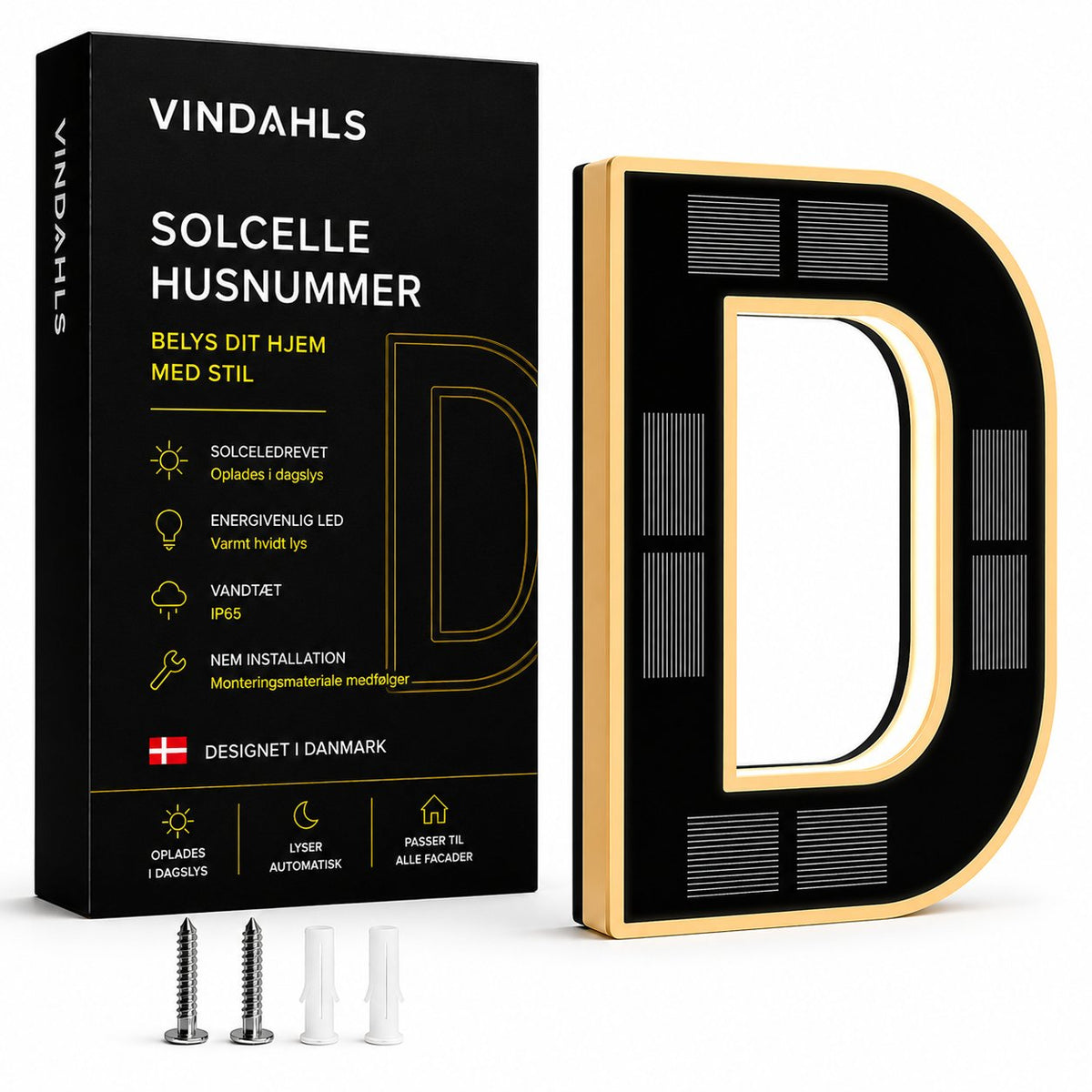 couleur D — Soldrevne husnumre med lys – lyser automatisk fra skumring til daggry