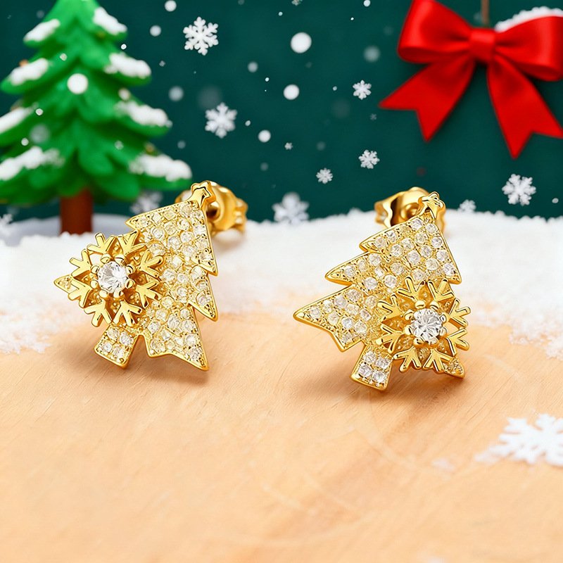 couleur Guld — Juletræ-øreringe med roterende snefnug – 1+1 GRATIS