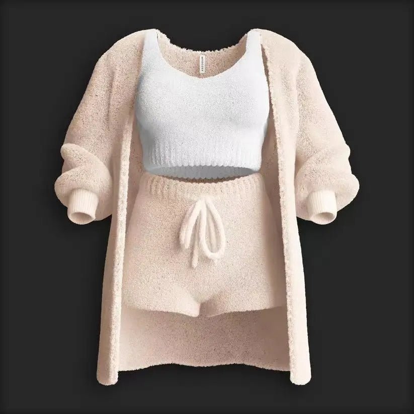couleur Rosa — HyggeSæt™ – Blødt bouclé-loungesæt i 3 dele: cardigan, top og shorts