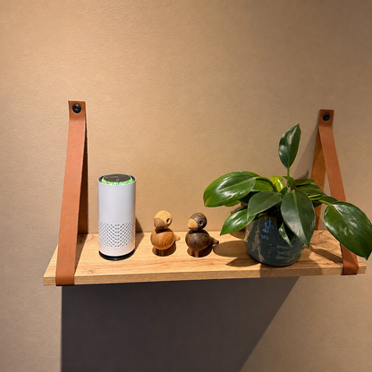 LuftPuls™ blanc posé sur une étagère en bois, ambiance salon
