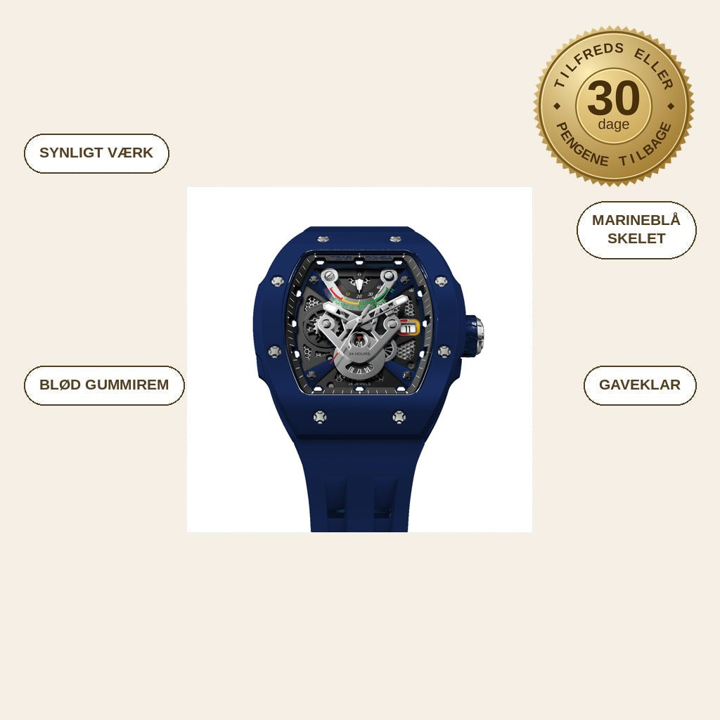 infographie — Marineblåt skeletur med synligt værk og gummirem