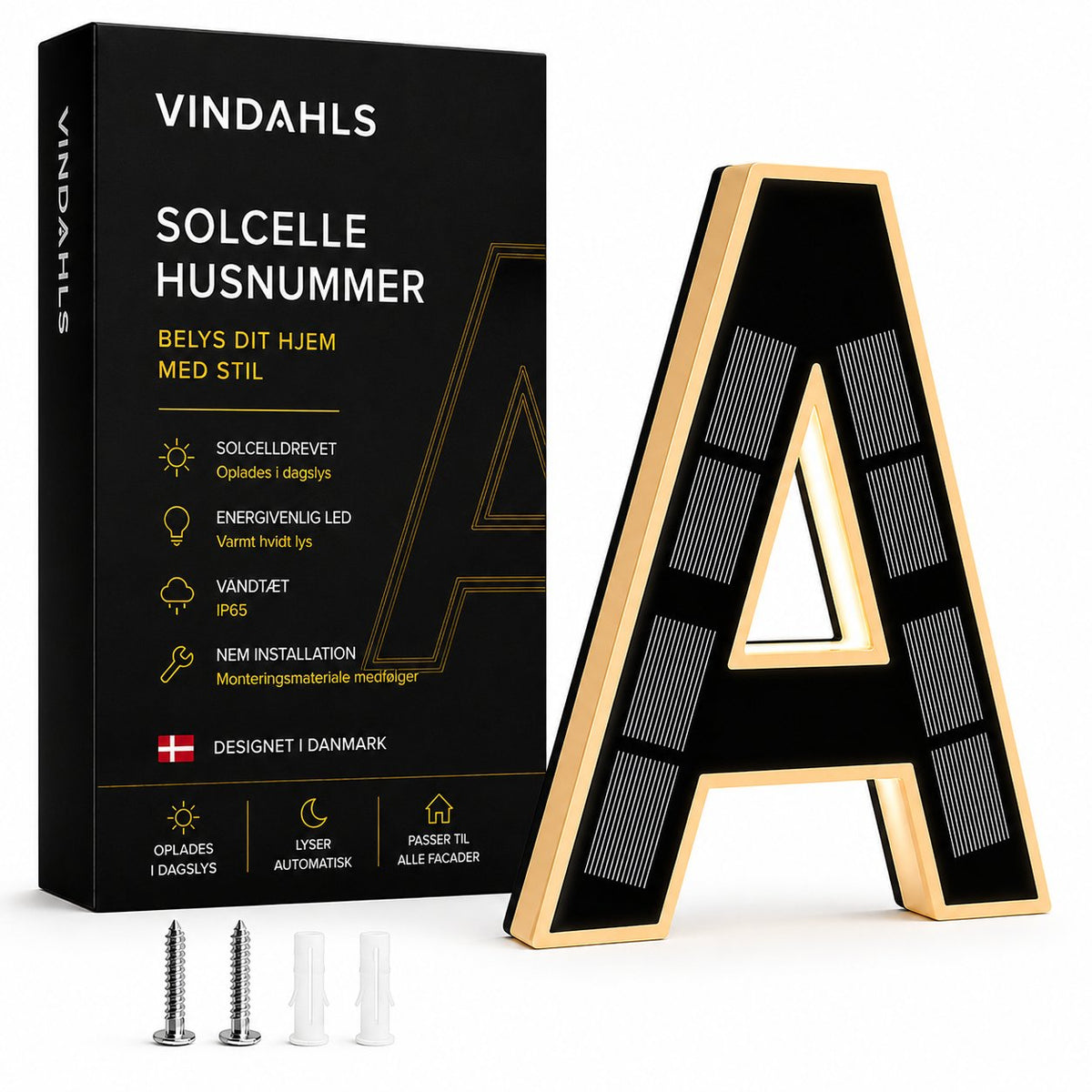 couleur A — Soldrevne husnumre med lys – lyser automatisk fra skumring til daggry