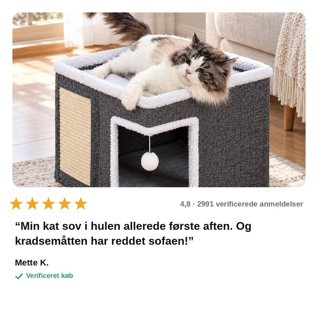 avis — Foldbart kattehus med kradsemåtte – 2 etager