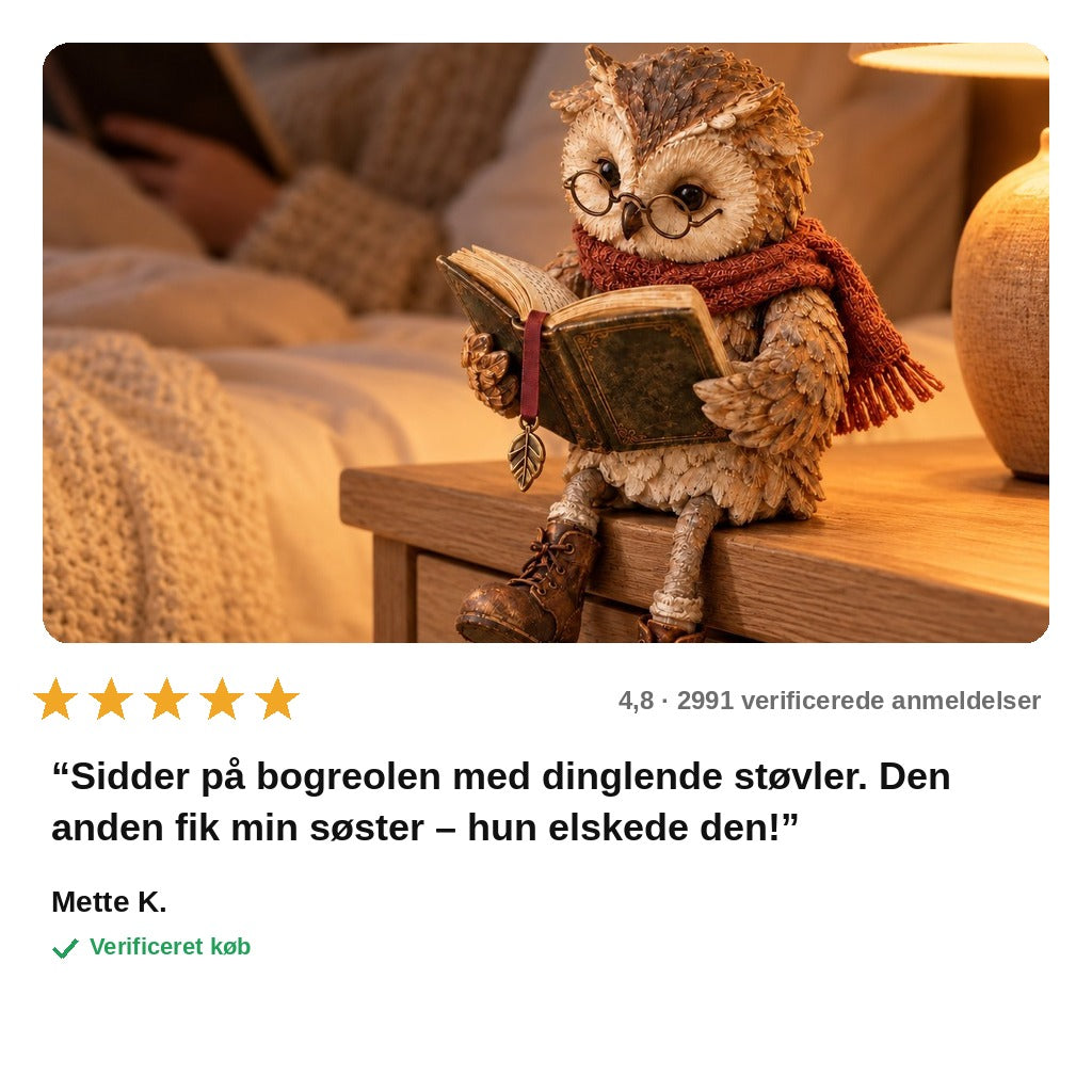 avis — Læsende Ugle – hyggelig figur med briller og dinglende støvler