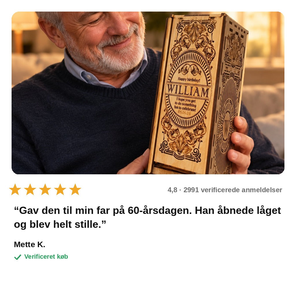 avis — Whisky Gaveæske i Træ med Lasergravering