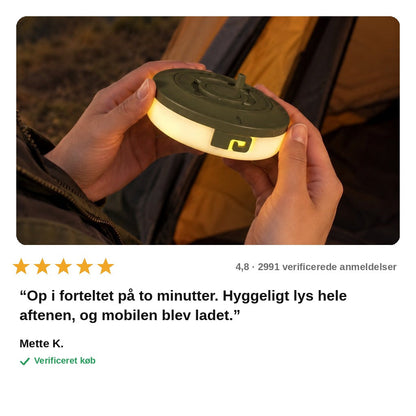 avis — Oprullelig campinglyskæde – 10 m varmt lys med magnet og indbygget powerbank