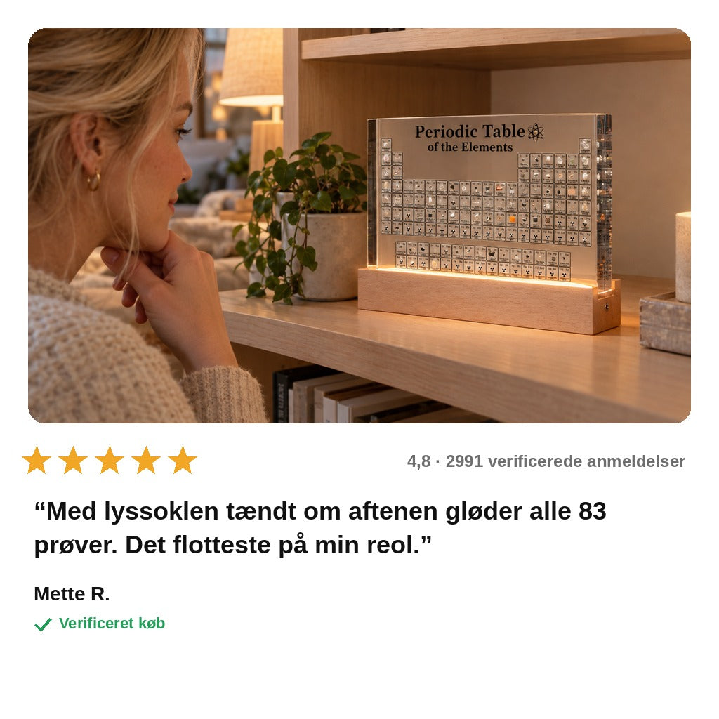 avis — Periodisk system i krystalklar akryl – 83 ægte grundstoffer støbt ind