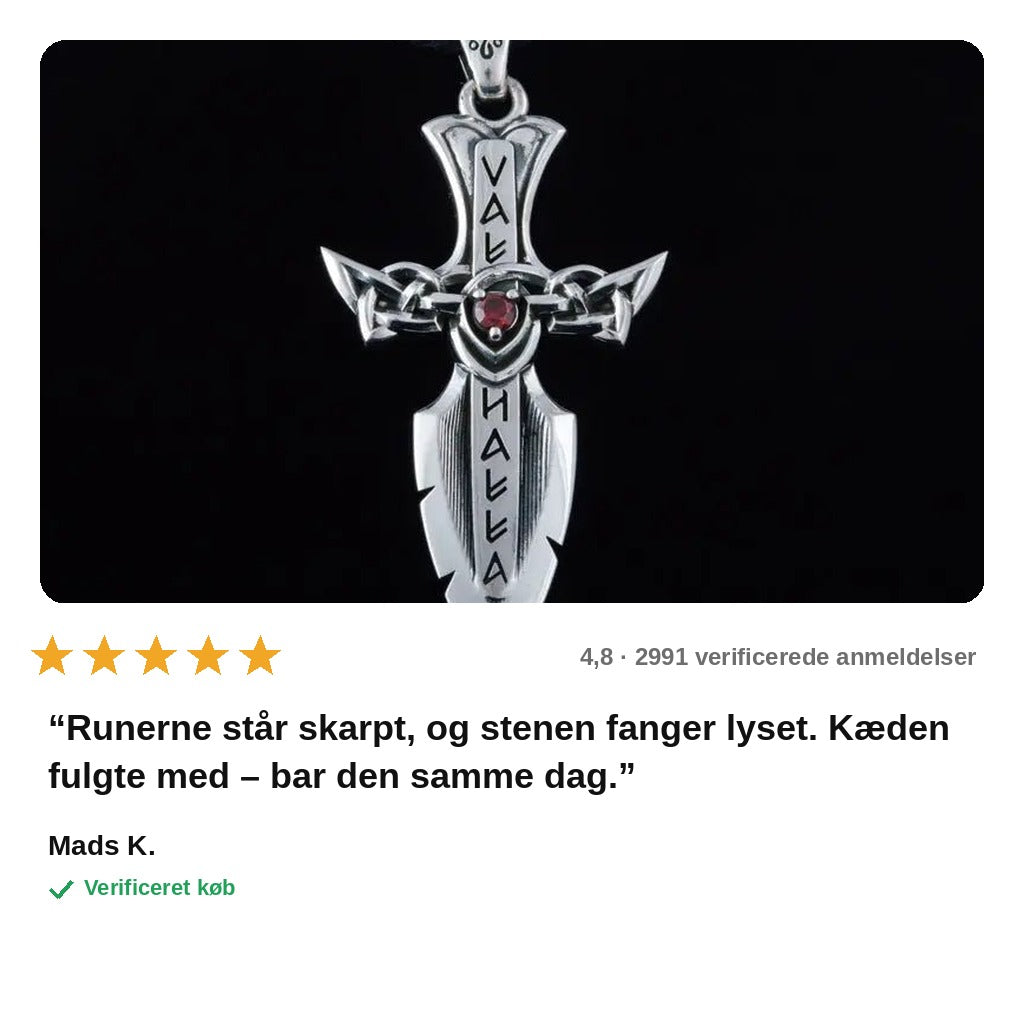 avis — Vikingesværd Vedhæng – Runer & Rød Hjertesten