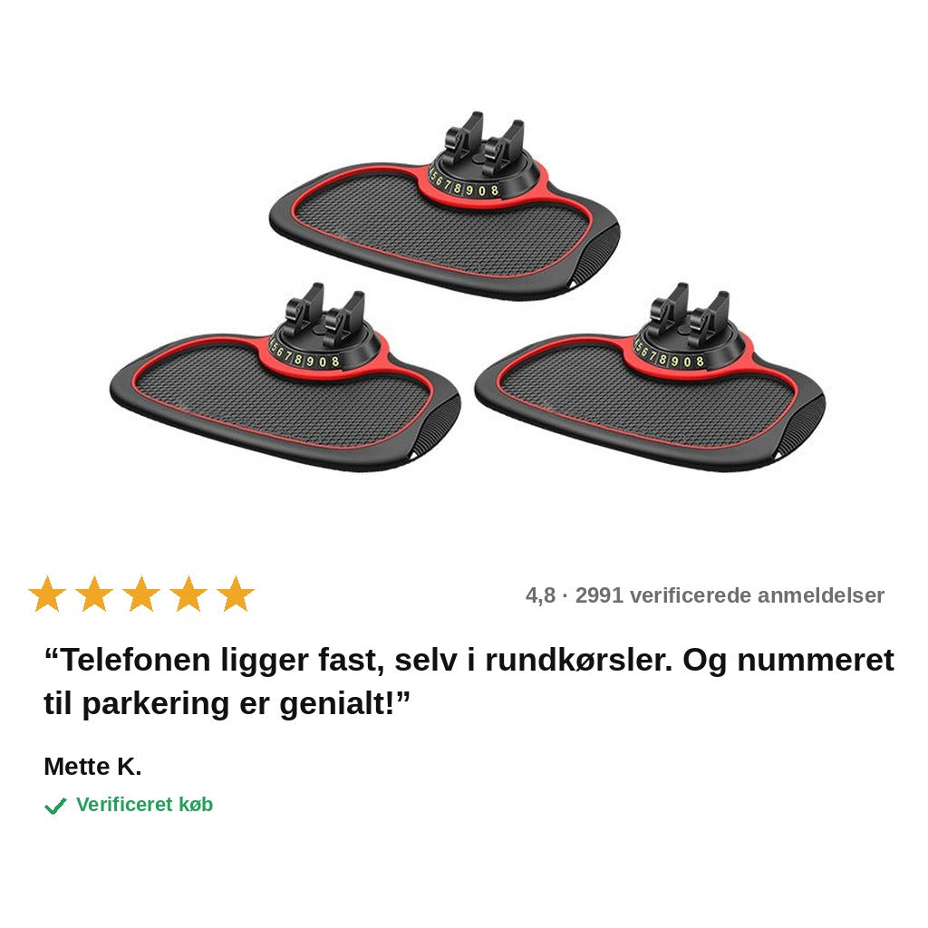 avis — GripMåtte™ – Skridsikker måtte til instrumentbrættet med 360° telefonholder og parkeringsnummer
