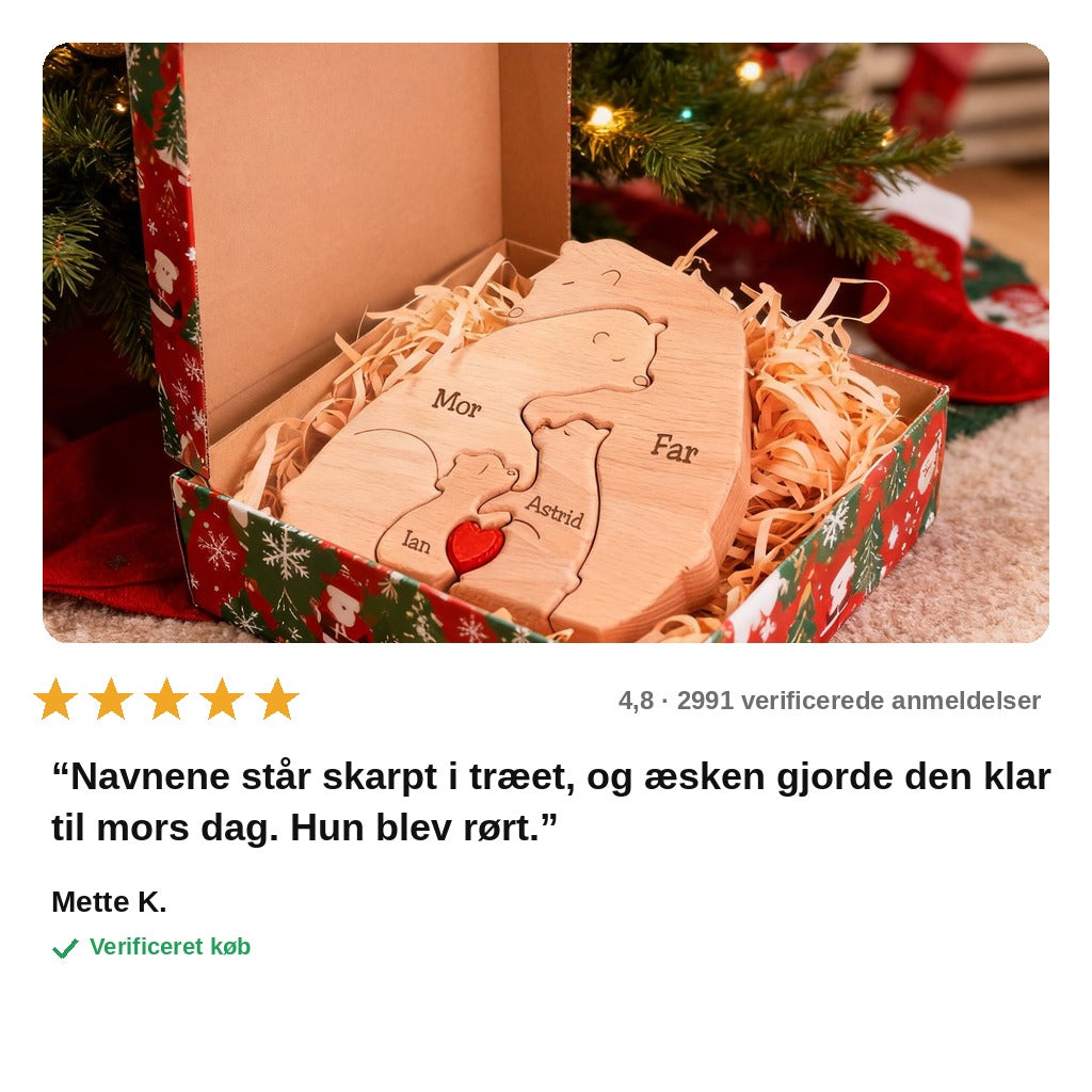 avis — Bjørnefamilie i massivt træ – graveret med jeres egne navne