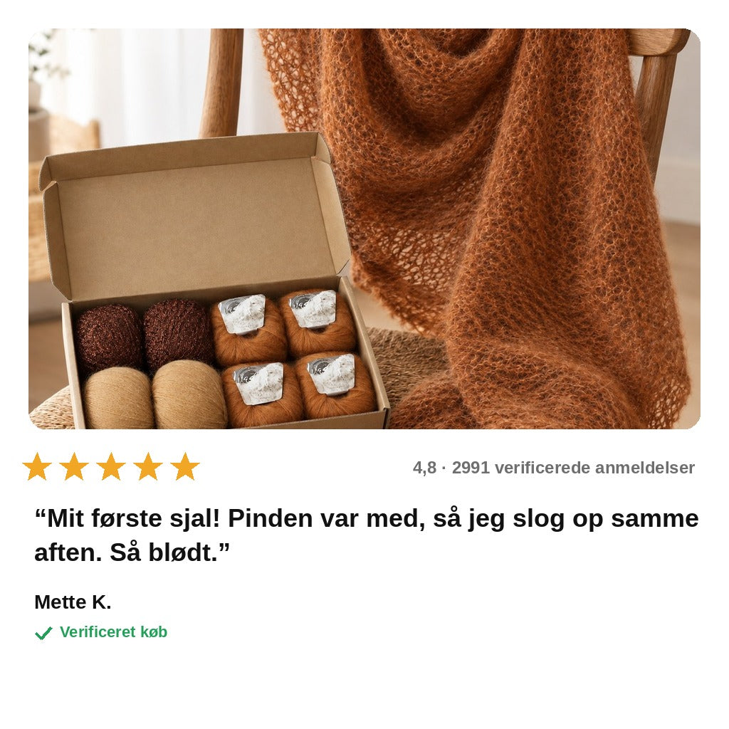 avis — SilkeSky™ Strikkekit – blødt mohair-sjal til begyndere, inkl. opskrift og 8 nøgler