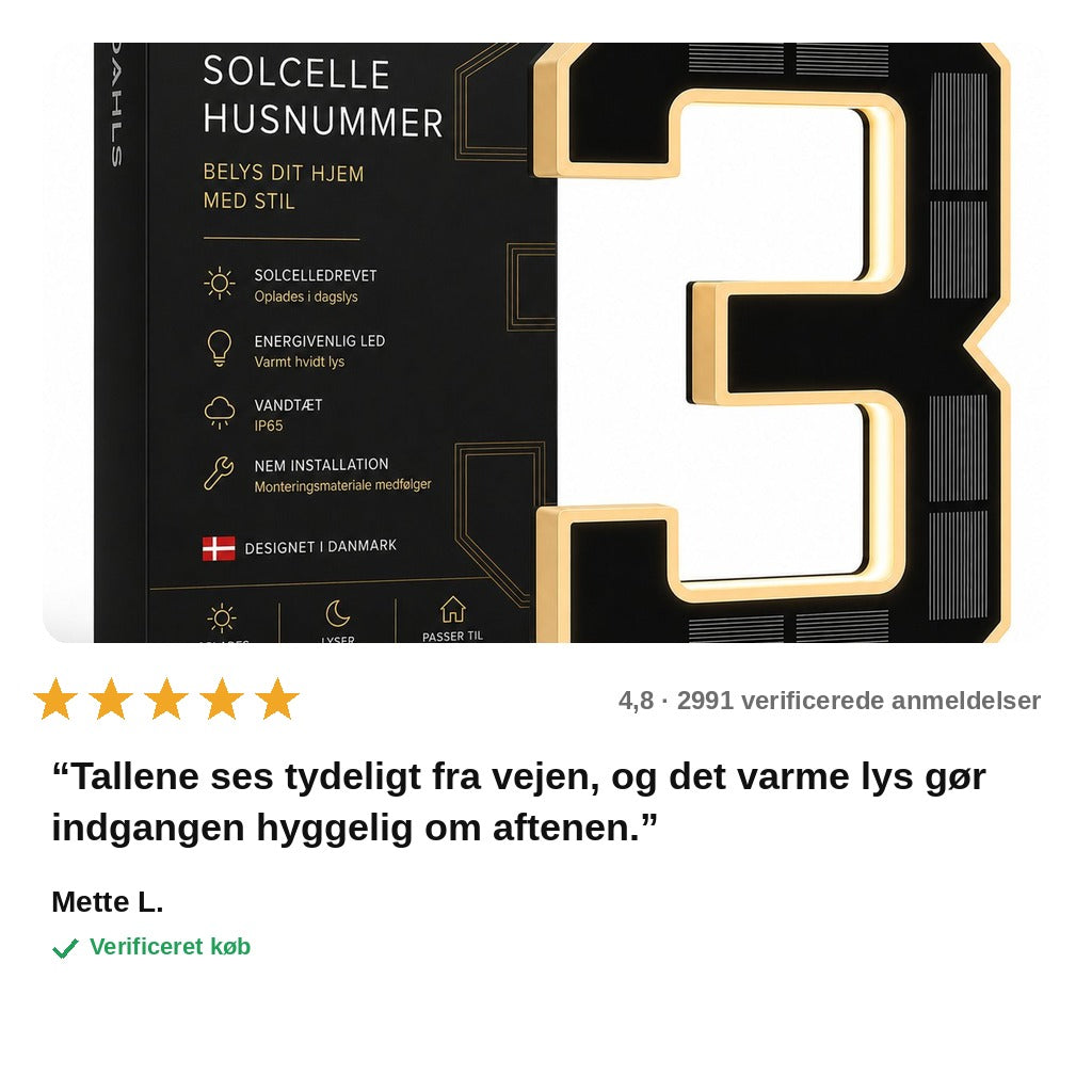 avis — Soldrevne husnumre med lys – lyser automatisk fra skumring til daggry