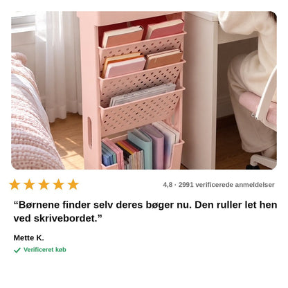 avis — Mobil bogreol på hjul – skrå hylder med forsiden fremad, 5 eller 6 niveauer