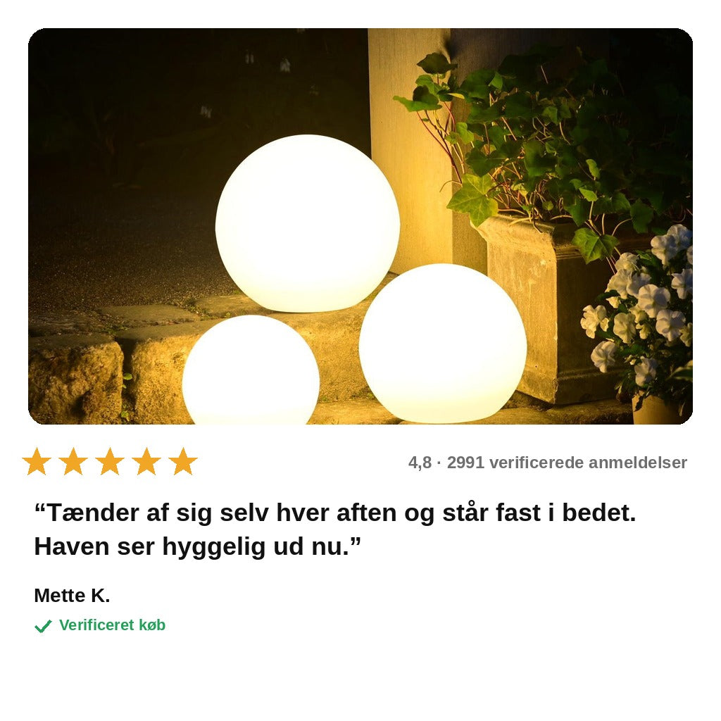 avis — GlødeKugler™ – 3 solcellekugler til haven (Ø 20, 25 og 30 cm)