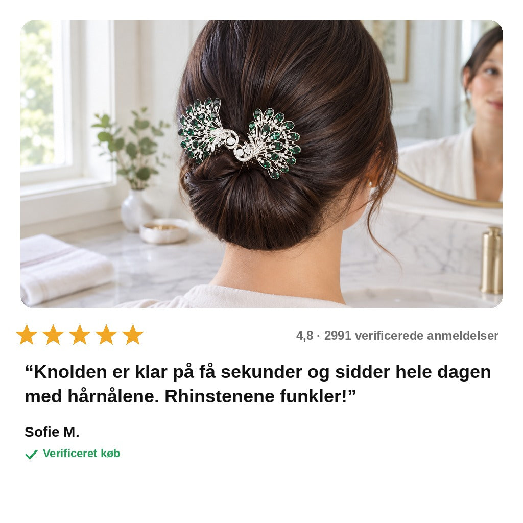 avis — PåfuglKnold™ – Elegant hårknold på 10 sekunder, med rhinsten