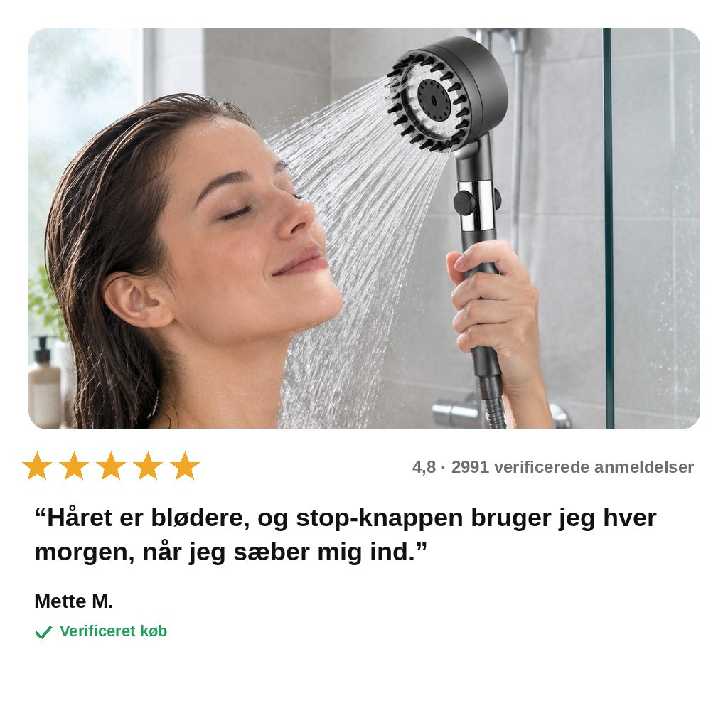 avis — AquaPure™ Brusehoved 4-i-1 – Filter, Silikonemassage & Stop-knap