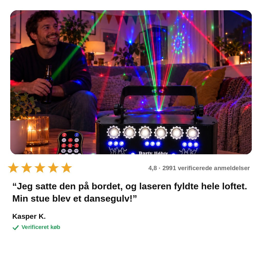 avis — RGB Laser Scenelys – 4-i-1 festlys med laser, LED, UV og stroboskop
