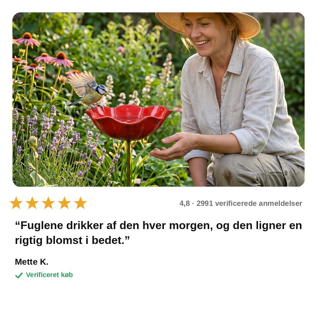 avis — Blomsterfuglebad på spyd – håndformet glaseret blomst til haven