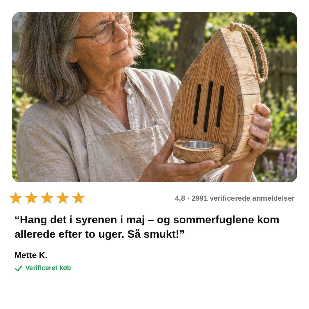 avis — Dråbeformet sommerfuglehus i træ – med puddler og jutesnor