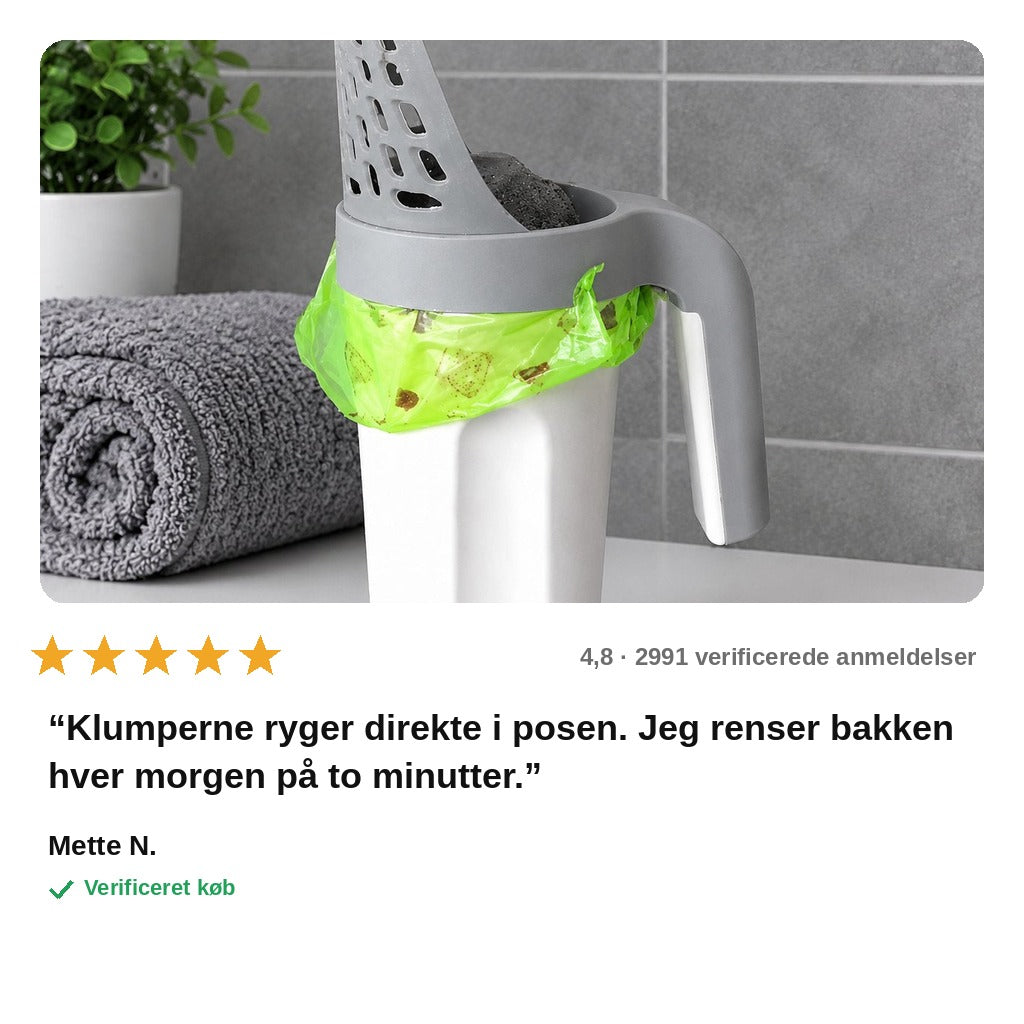 avis — Kattebakke skovl med affaldsbeholder og posedispenser – alt-i-én