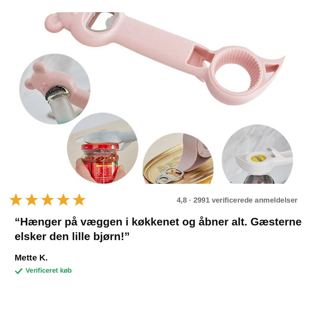 avis — Multi flaskeåbner bjørn – 4-i-1 åbner til kapsler, skruelåg og dåser