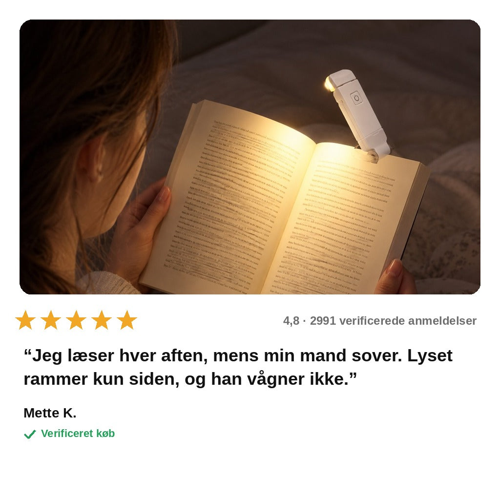 avis — Læselampe til bøger med klips – 3 lysfarver og indbygget USB