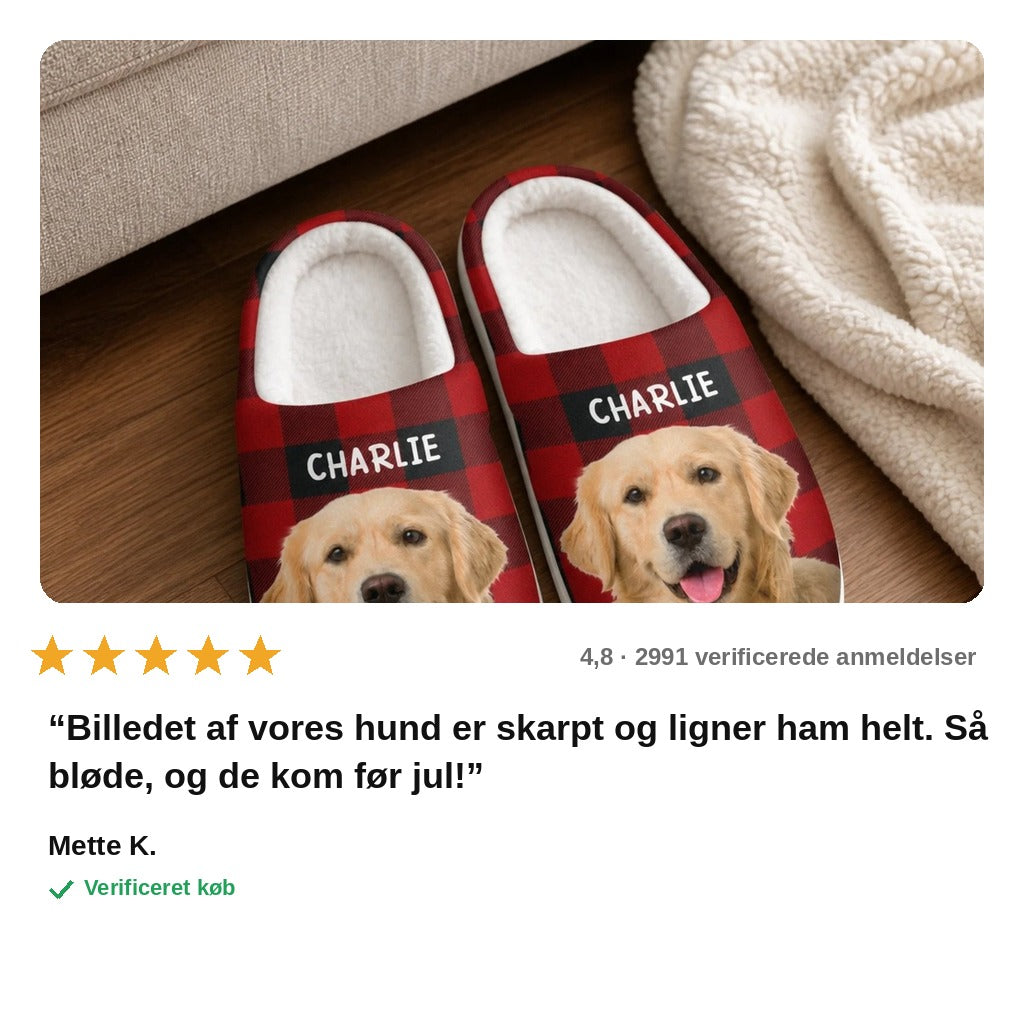 avis — Personlige tøfler med dit kæledyrs foto – bløde hjemmesko med hund eller kat