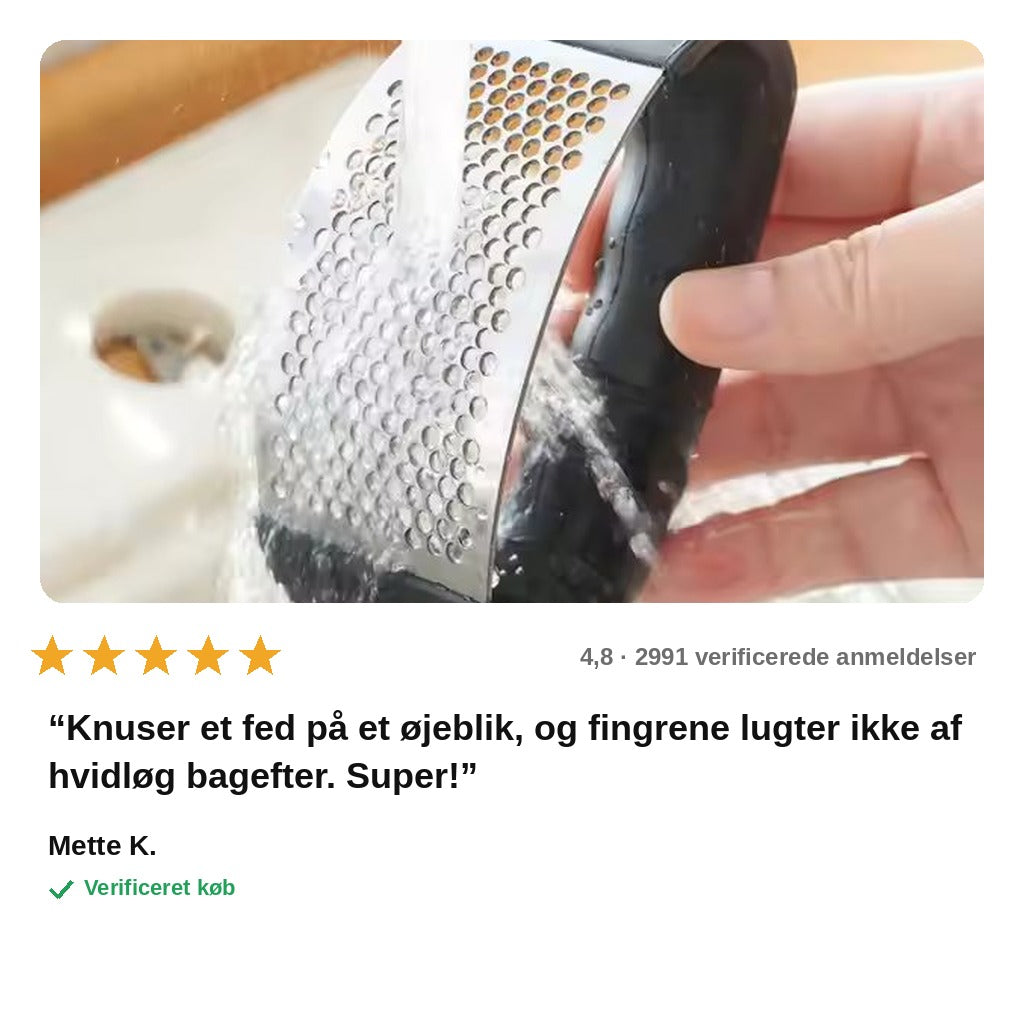 avis — Hvidløgspresser i rustfrit stål – knus fed med én vippebevægelse