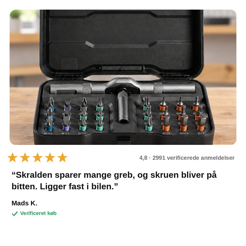 avis — Skraldeskruetrækker-sæt med T-greb og bits i kuffert