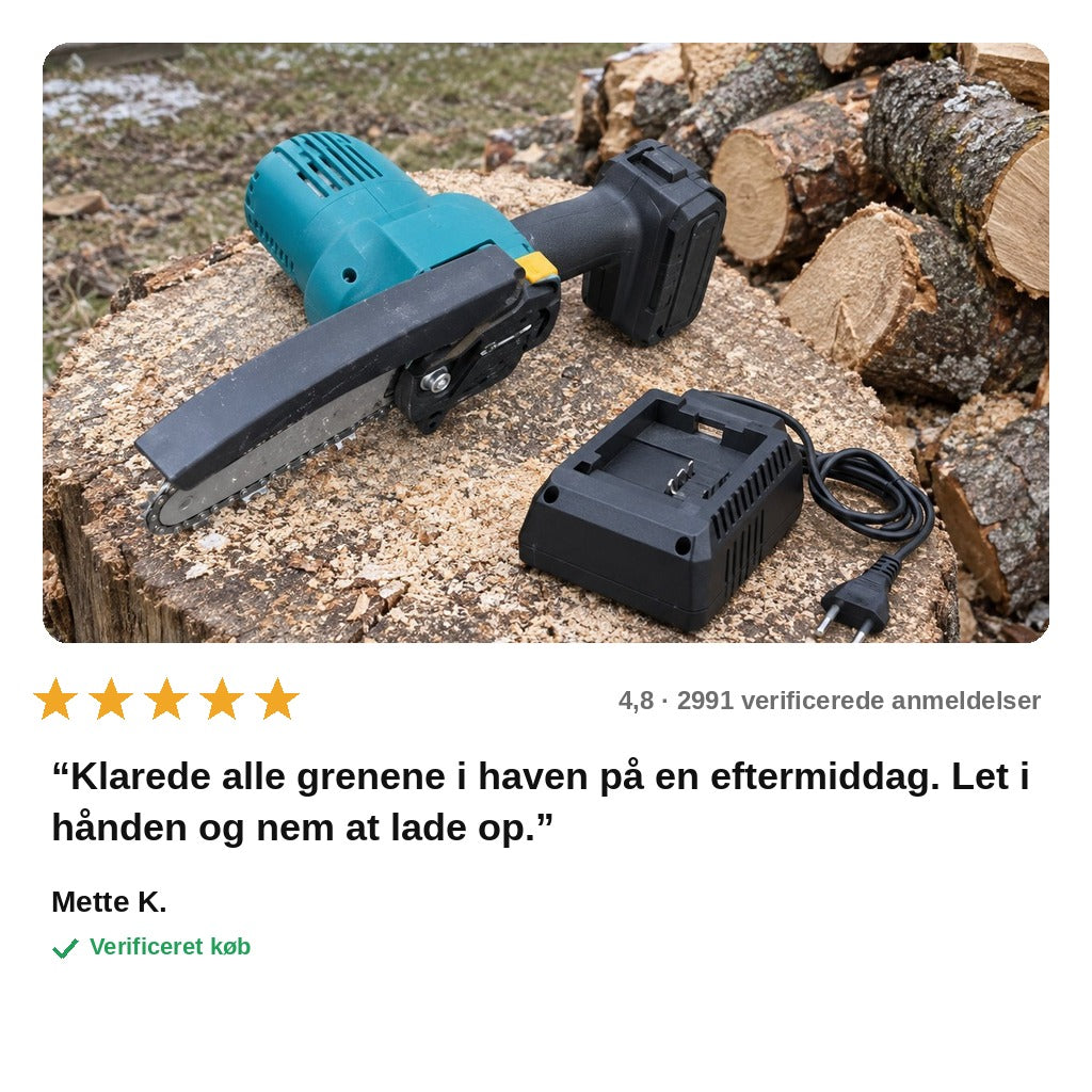 avis — Ledningsfri mini-motorsav 10 cm – til én hånd, med batteri og oplader