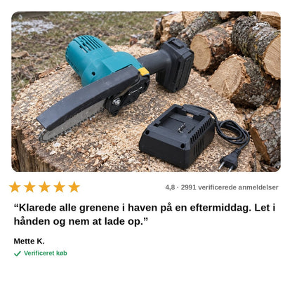 avis — Ledningsfri mini-motorsav 10 cm – til én hånd, med batteri og oplader