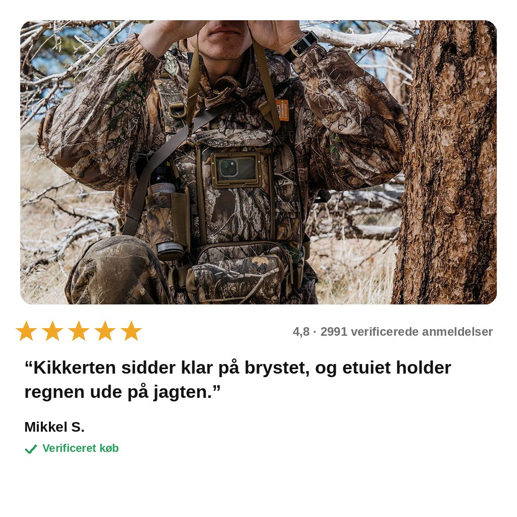 avis — Kikkertsele i camouflage – brystsele med lukket etui til jagt og tur