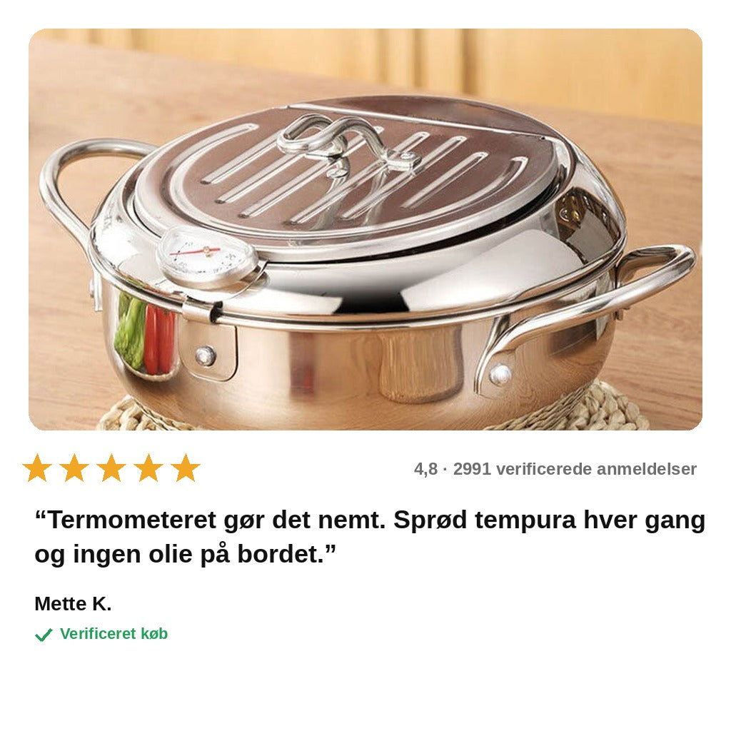 avis — Tempura-frituregryde i 304 rustfrit stål – med termometer og afdrypningsrist