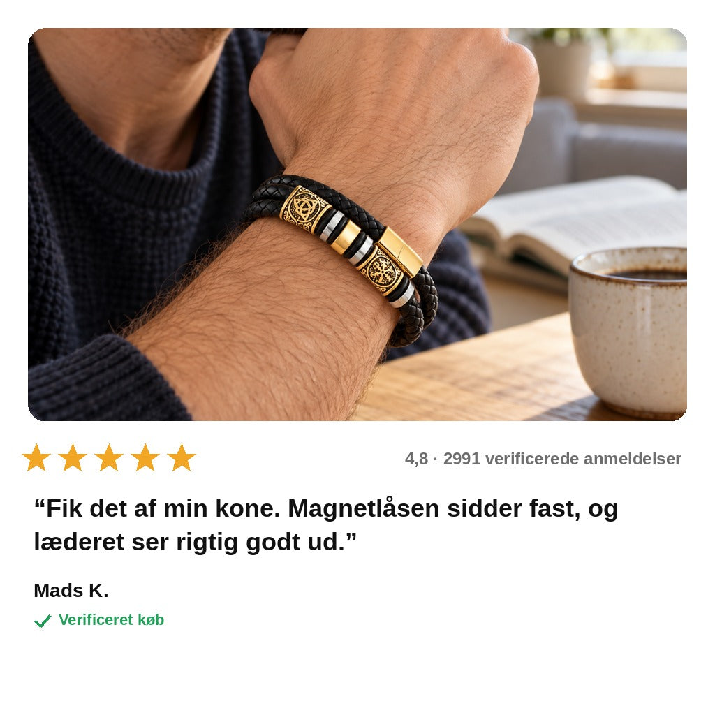 avis — Vegvisir Vikingearmbånd – Dobbeltflettet Læder med Magnetlås