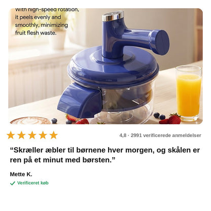 avis — Elektrisk frugtskræller 2-i-1 med piskeris – skræller med ét tryk, trådløs og USB-opladelig