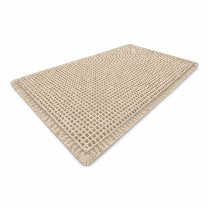 couleur Beige — Vaffel Bademåtte med Frynser – Skridsikker & Hurtigtørrende