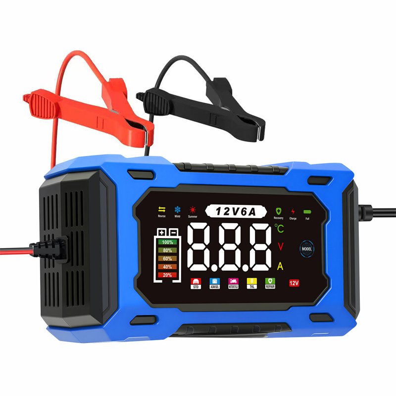 couleur Blå — Intelligent 12V bilbatterioplader med pulsreparation og digitalt display (6–100 Ah)