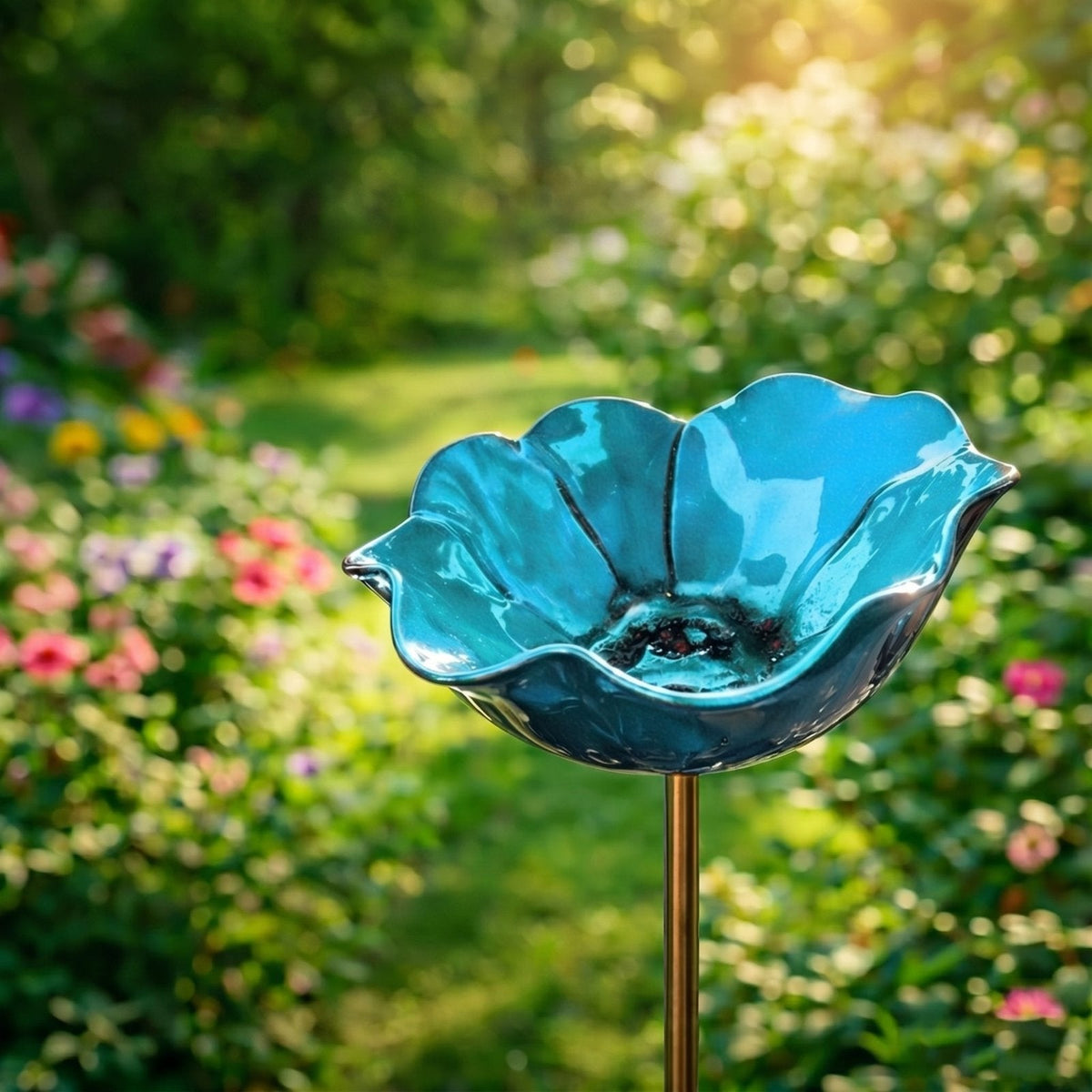 couleur Blå — Blomsterfuglebad på spyd – håndformet glaseret blomst til haven