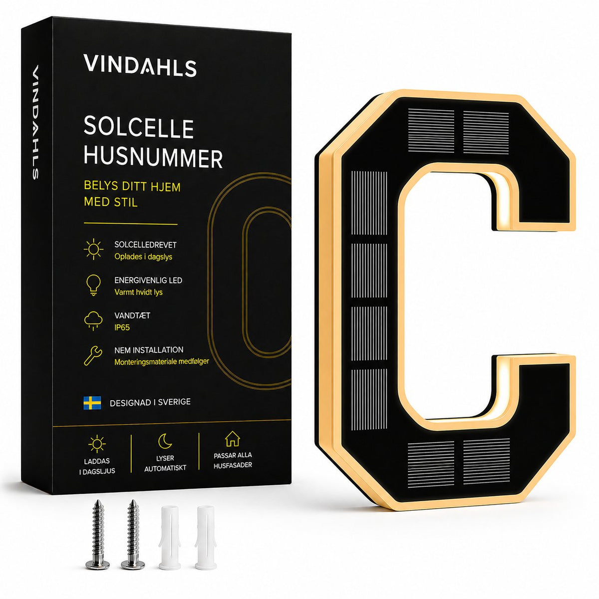 couleur C — Soldrevne husnumre med lys – lyser automatisk fra skumring til daggry