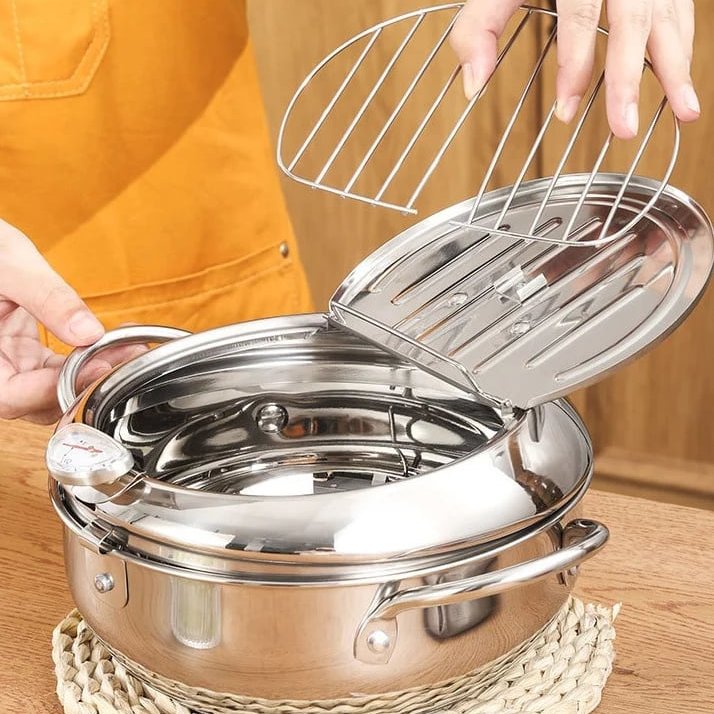 situation — Tempura-frituregryde i 304 rustfrit stål – med termometer og afdrypningsrist