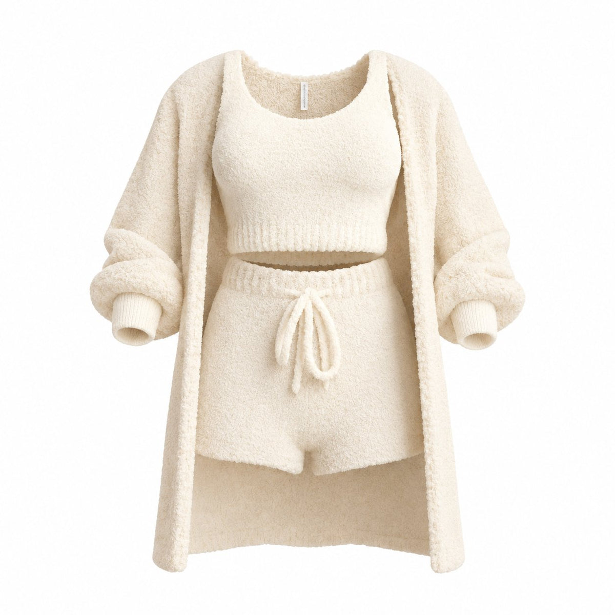 couleur Creme — HyggeSæt™ – Blødt bouclé-loungesæt i 3 dele: cardigan, top og shorts