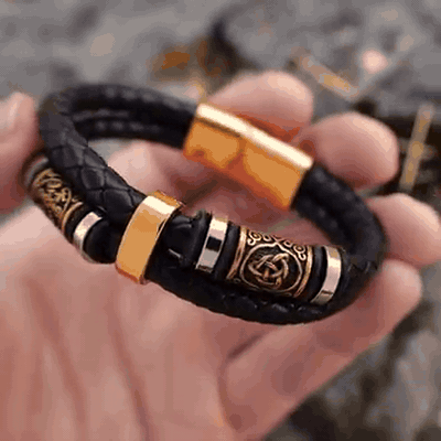 gif — Vegvisir Vikingearmbånd – Dobbeltflettet Læder med Magnetlås
