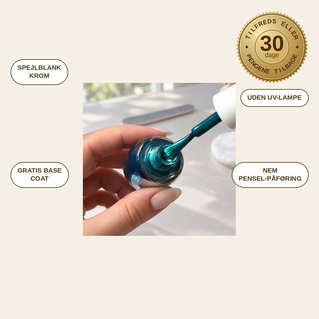 infographie — Metallisk neglelak med spejleffekt – krom-finish uden UV-lampe