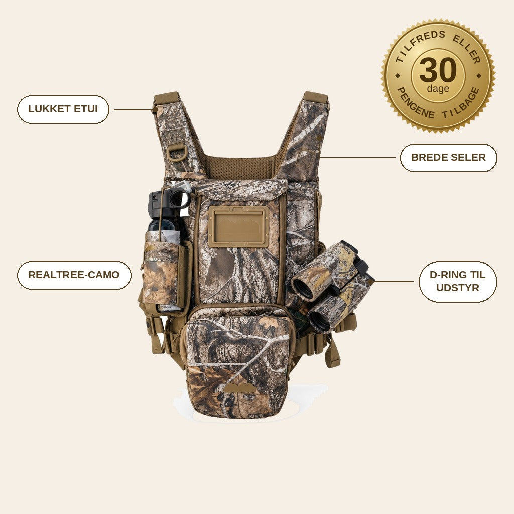 infographie — Kikkertsele i camouflage – brystsele med lukket etui til jagt og tur