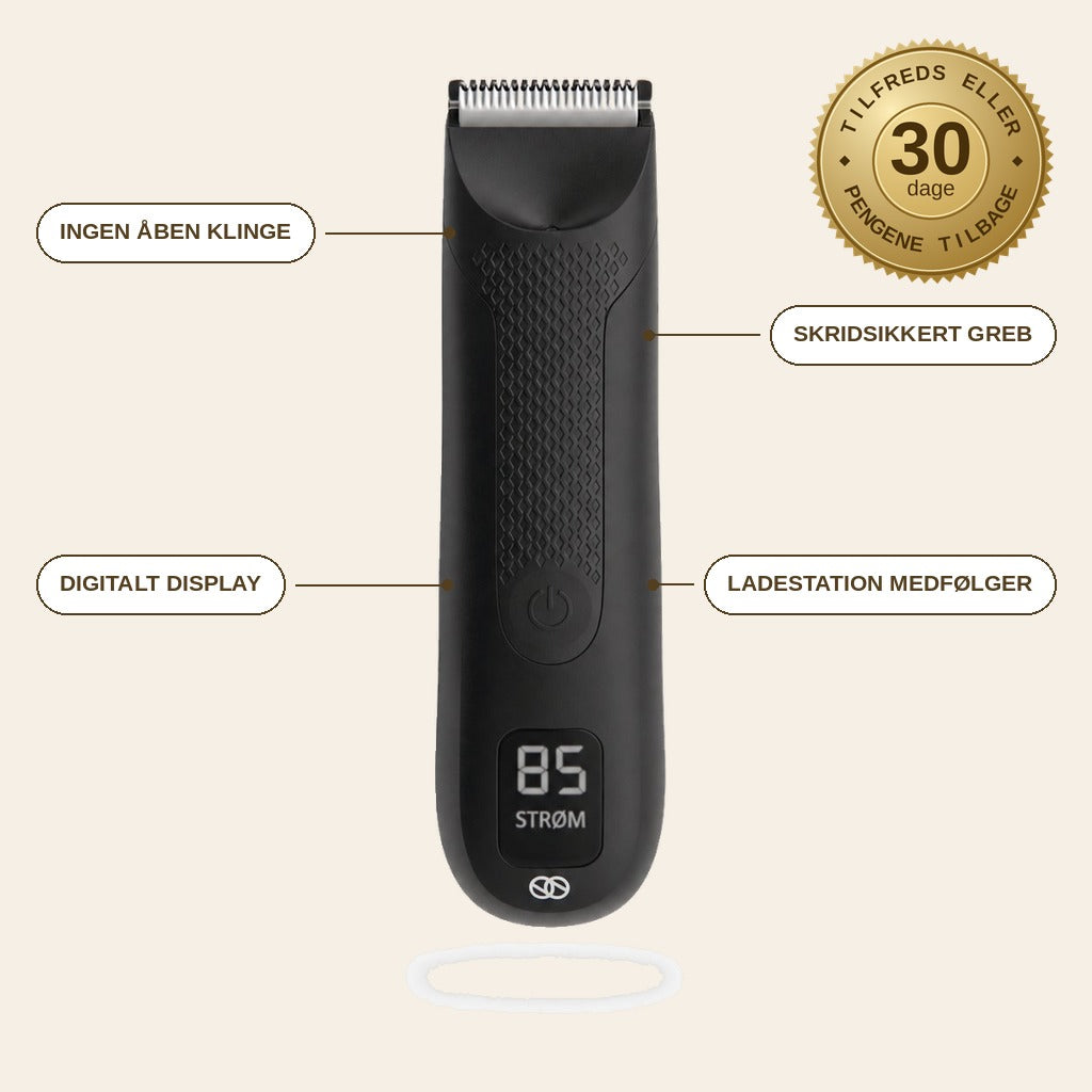 infographie — Intimtrimmer til mænd – justerbar kam 2–6 mm, ladestation og digitalt display