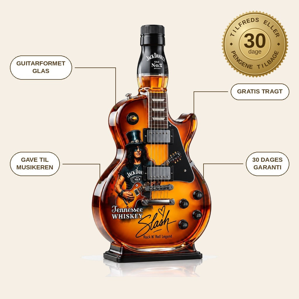 infographie — Guitar Whisky Karaffel – samlerkaraffel i guitarform med gratis påfyldningstragt