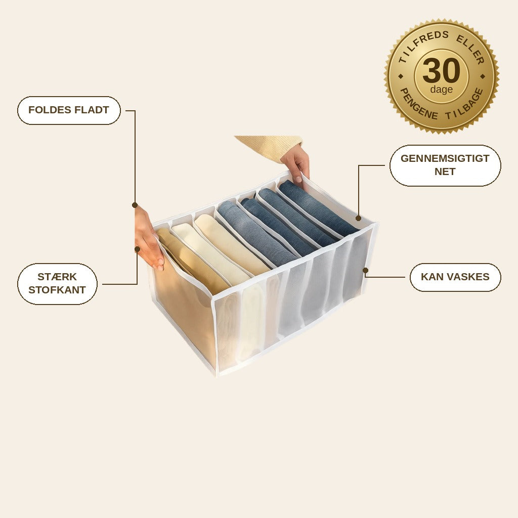 infographie — Tøjorganizer med 7 rum – Large (36×25×20 cm) til jeans og bukser