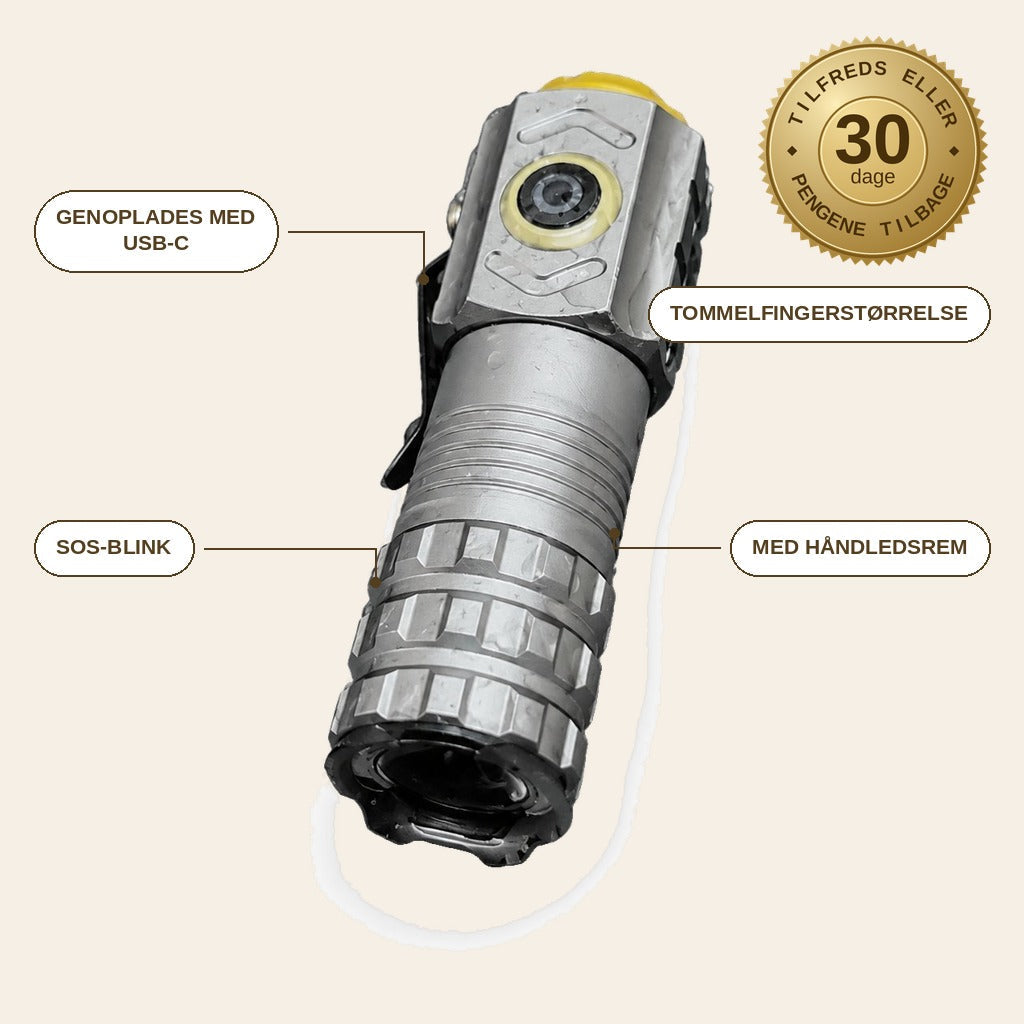 infographie — Tre-øjet mini-lommelygte – 3 kraftige LED'er, 5 lystilstande, genopladelig med USB-C