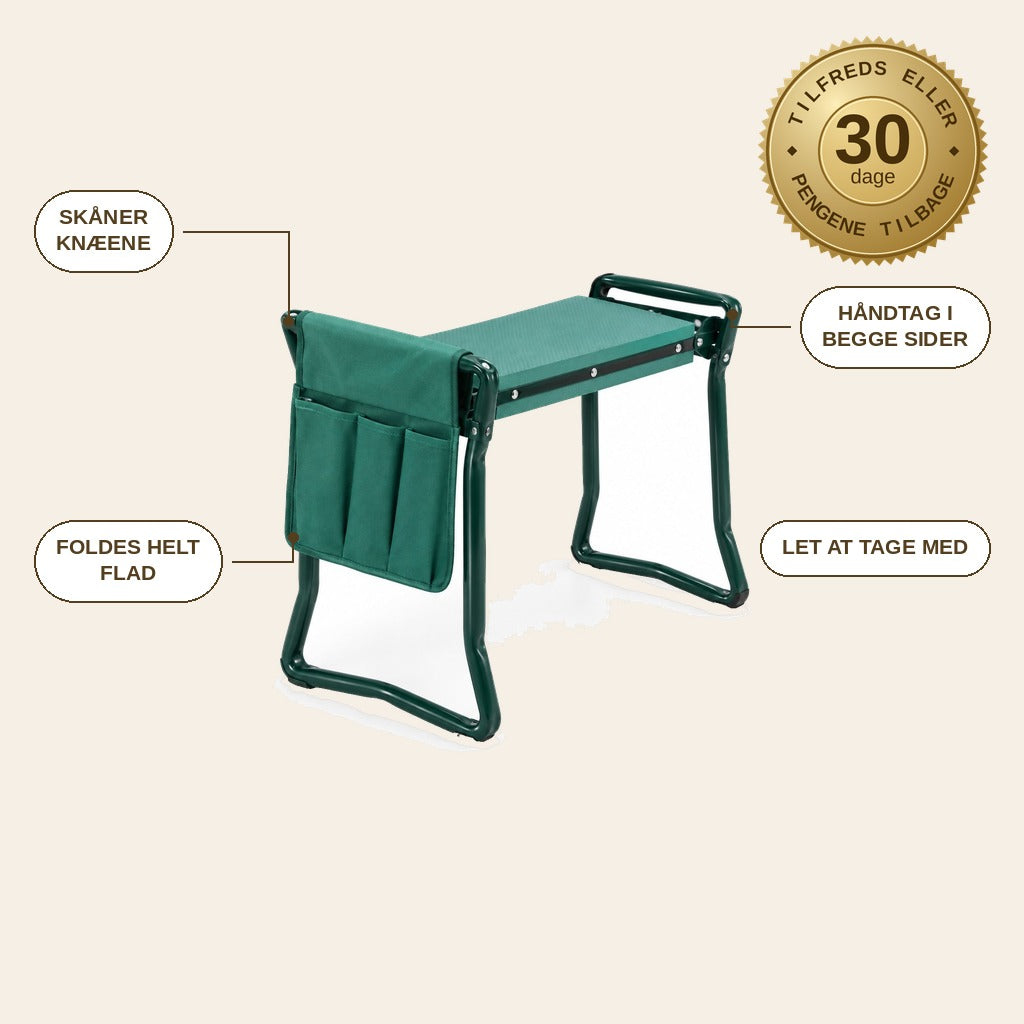 infographie — Foldbar 2-i-1 knæleskammel og havestol med redskabstaske