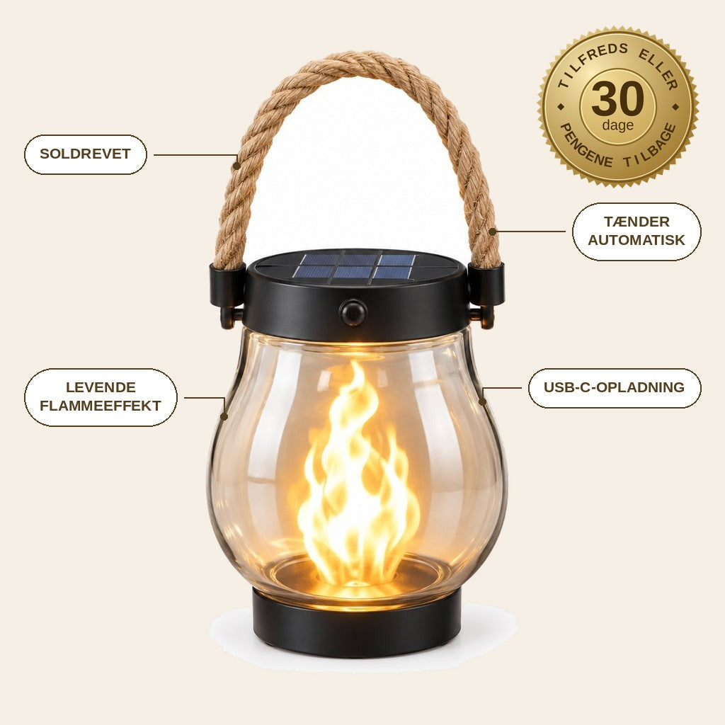infographie — Solcellelanterne med flammeeffekt – tænder selv i skumringen